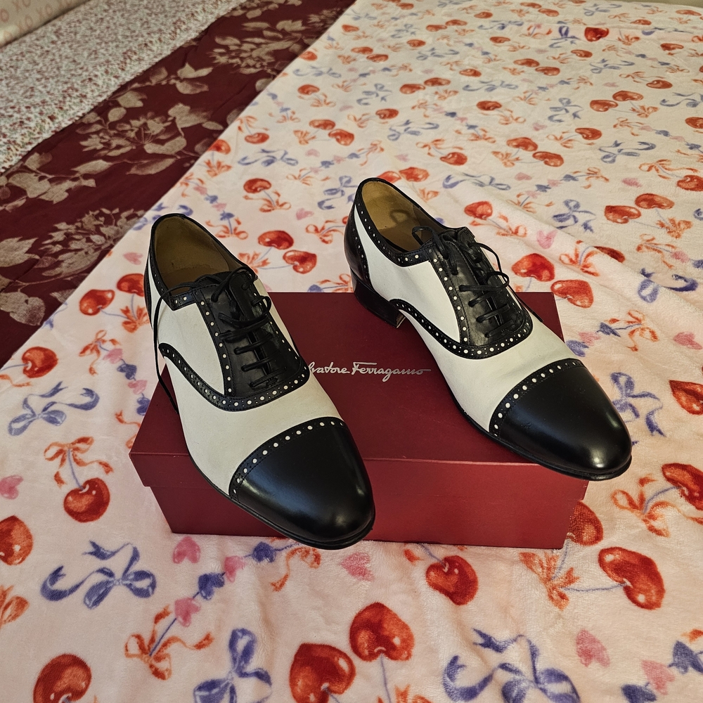 Salvatore Ferragamo Black & White Studded Cap-Toe Oxfords